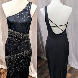 VNTG One shoulder black silk&chiffon evening dress w/ silver beading by Roberta